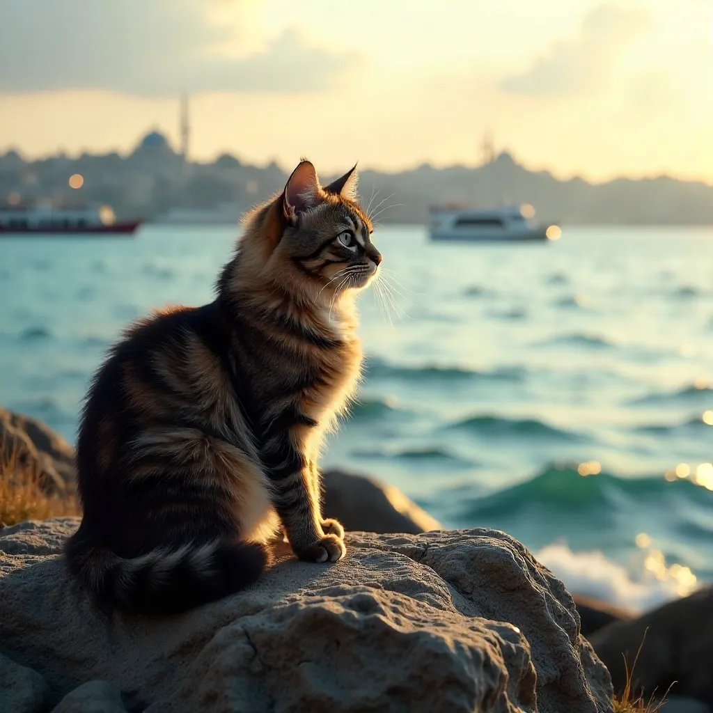 Fluffy Cat on Rocks with Istanbul Seascape
