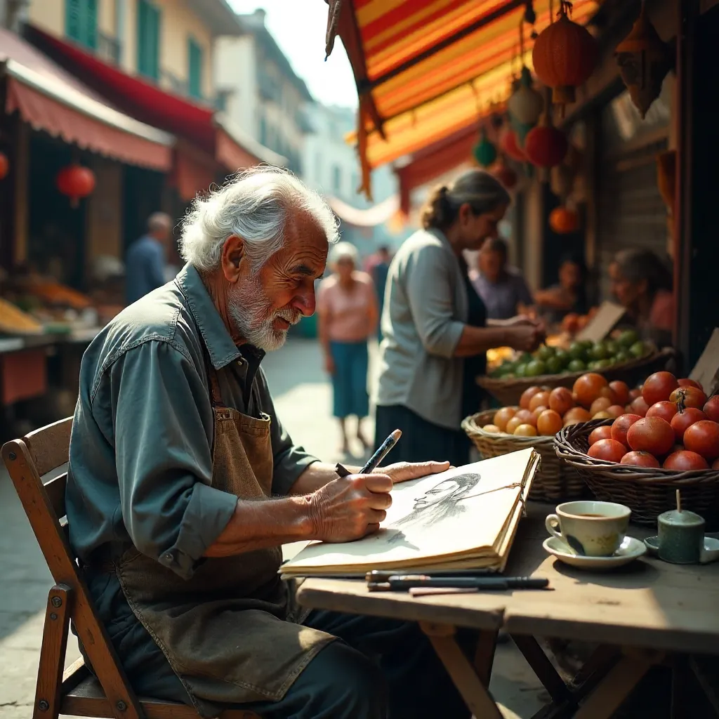 Elderly Artist Sketching Portraits at a Vibrant Street Market