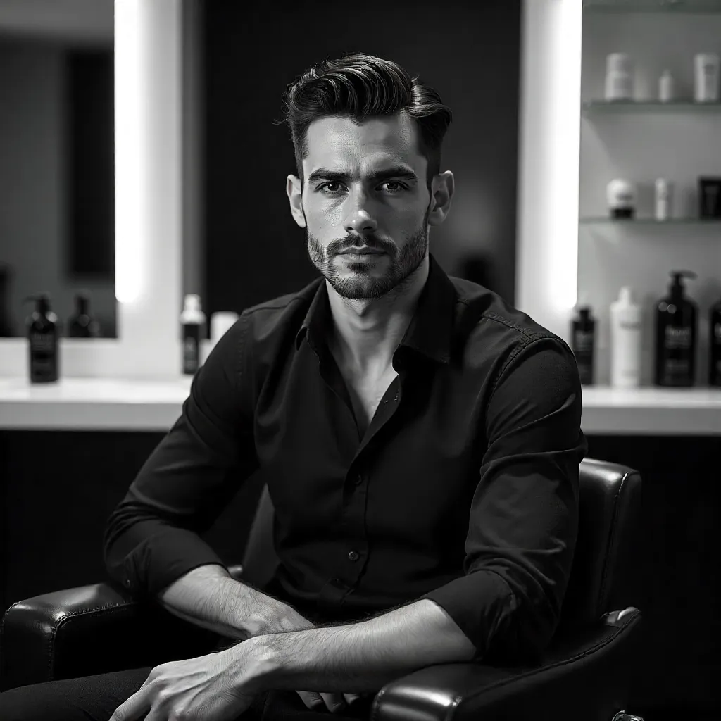 Confident Young Man in a Modern Salon (B&W)