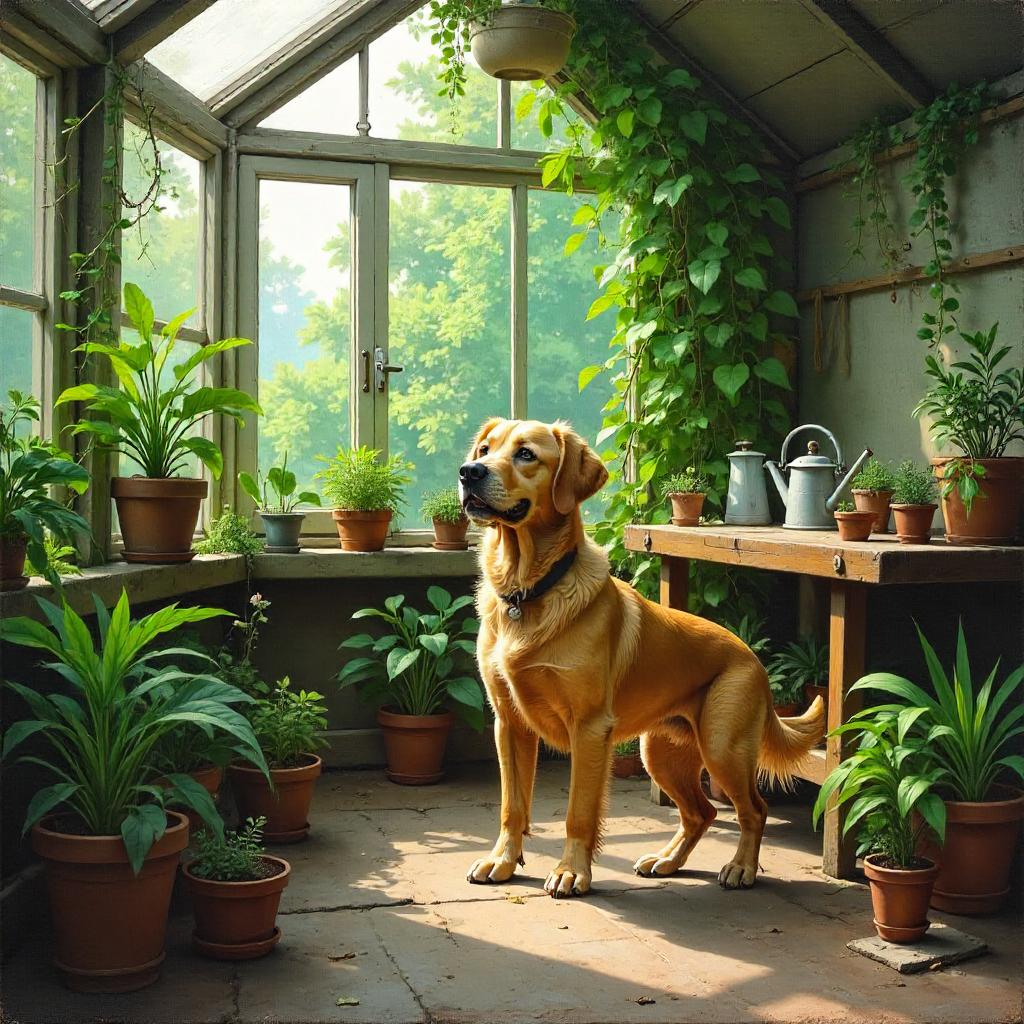 Greenhouse Canine in Oil: A Sunlit Portrait