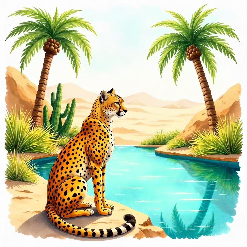 Cheetah in a Watercolor Oasis