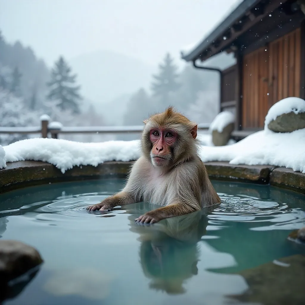 Snow Monkey in Nagano Hot Spring Amid Winter Snow
