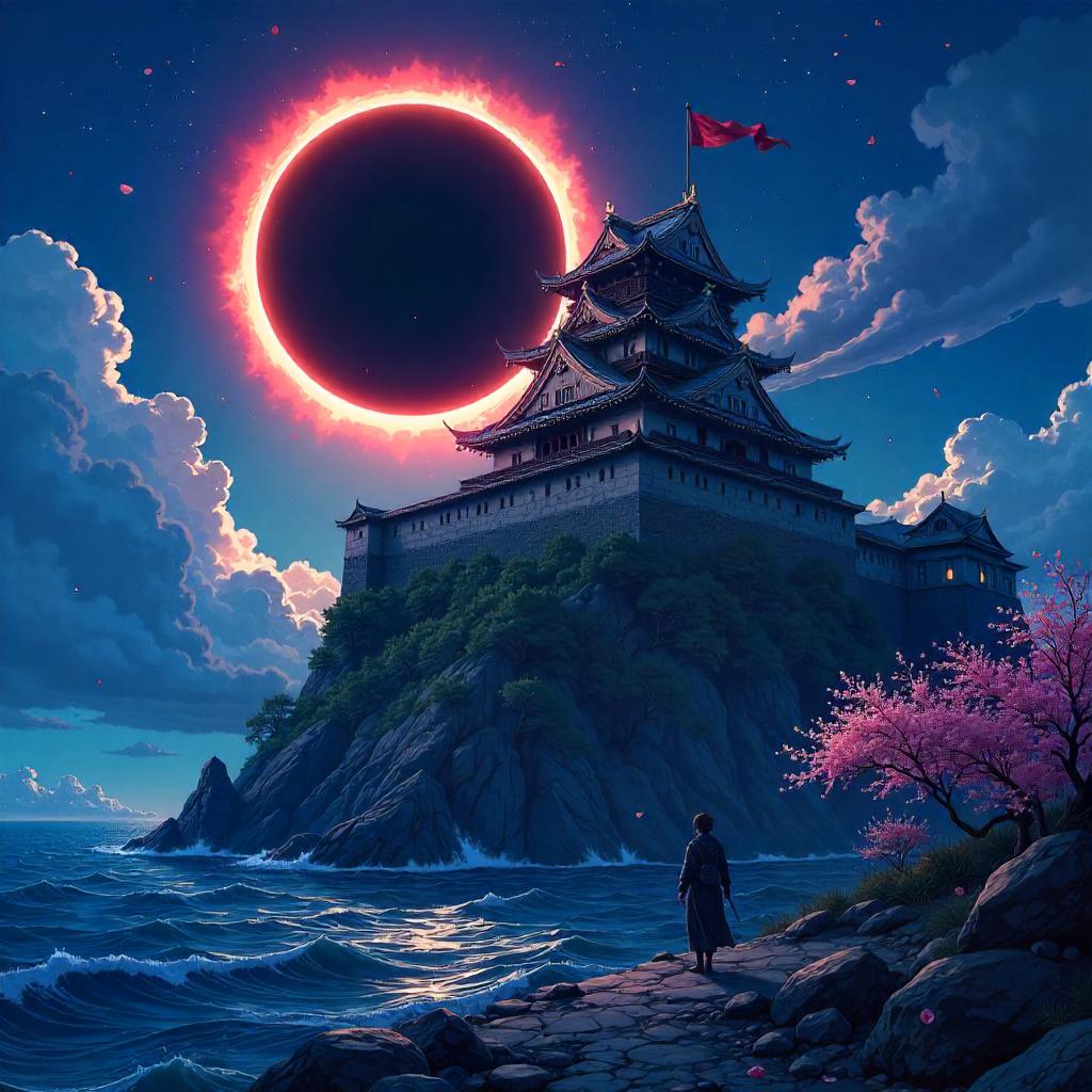 Anime Castle Under a Total Solar Eclipse