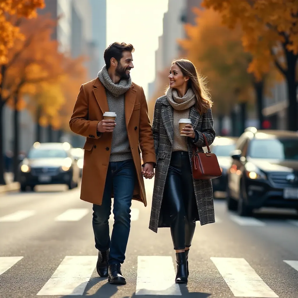 Autumn City Crossing: Trendy Couple with Coffee