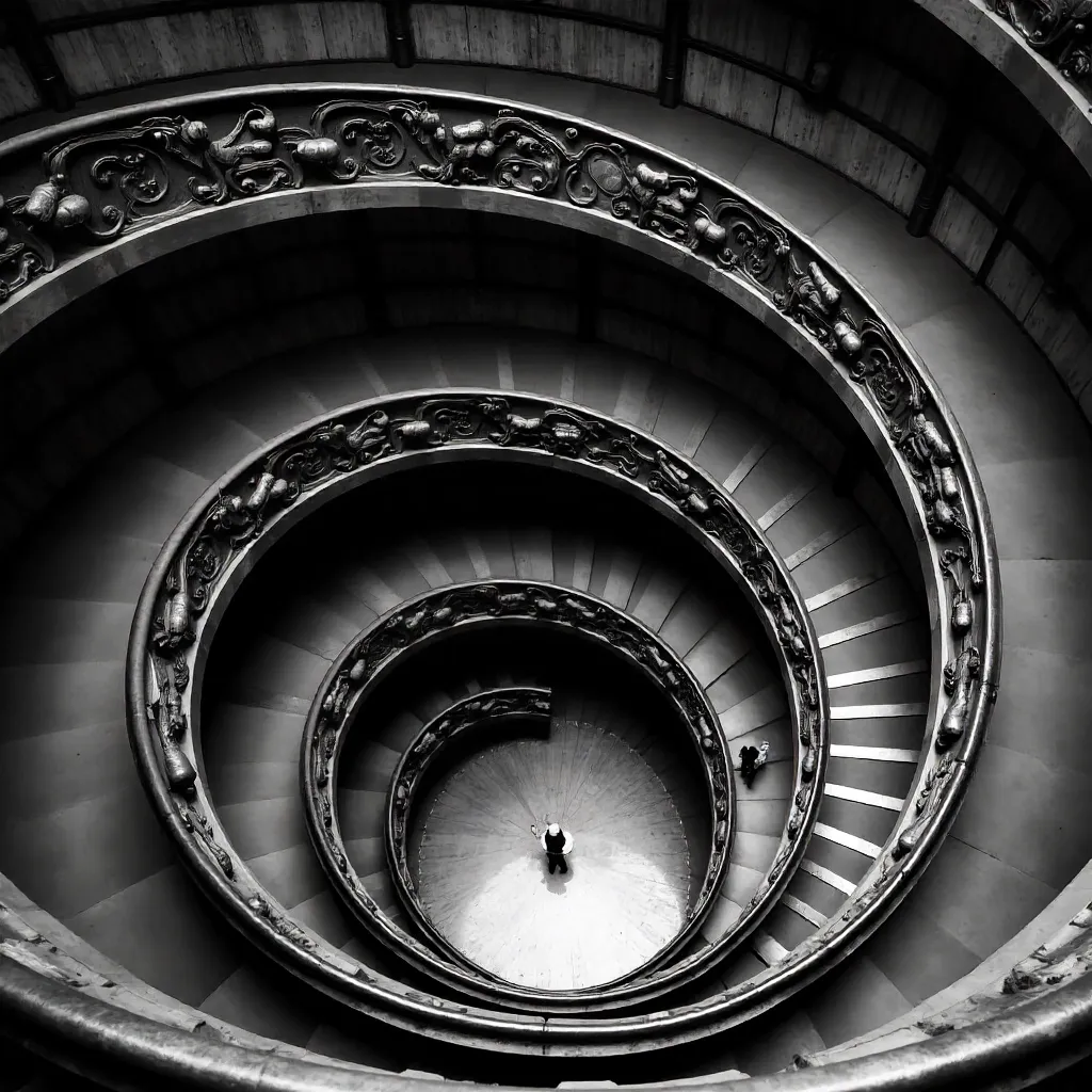 Monochrome Aerial: Bramante Staircase, Vatican Museums