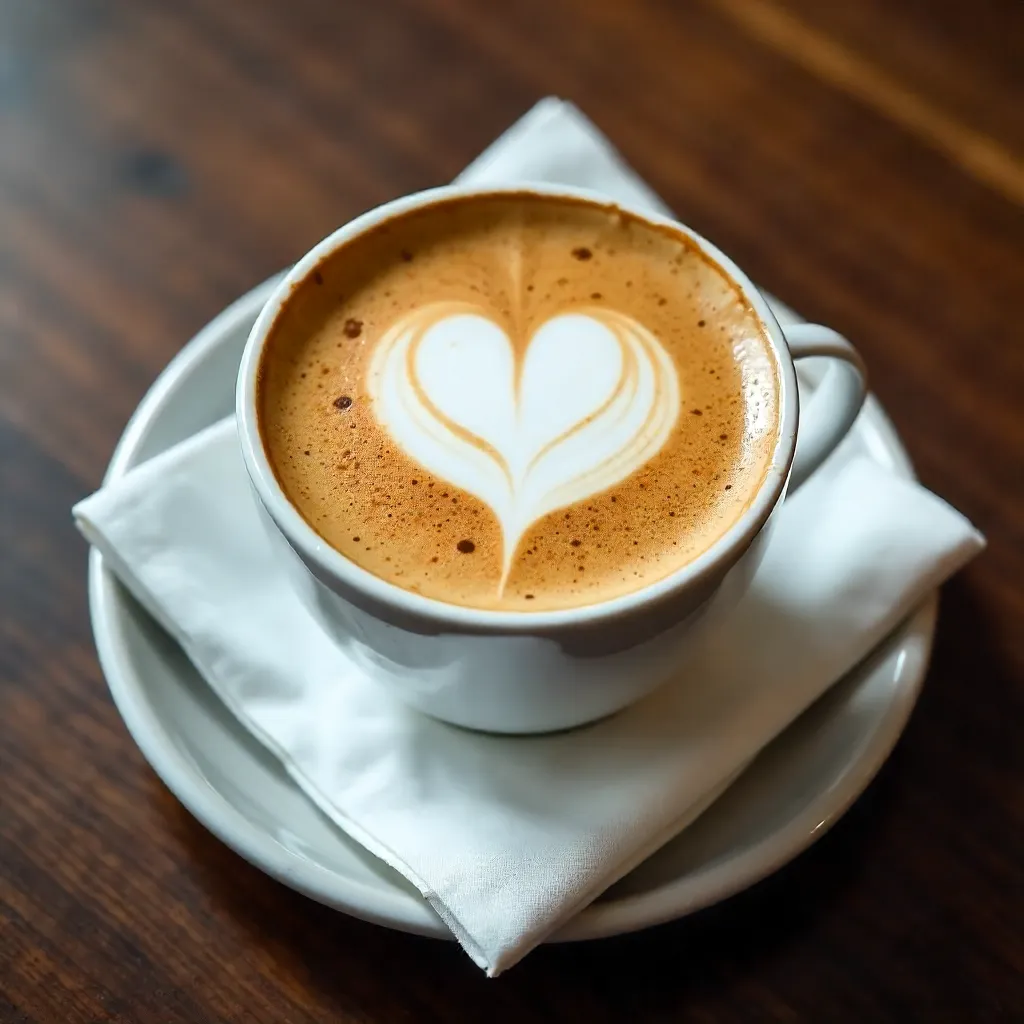 Top-Down Latte with Heart Art on a Metal Plate