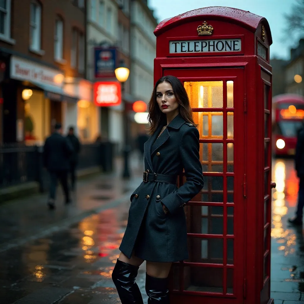 London Street Style: Model by a Red Phone Booth