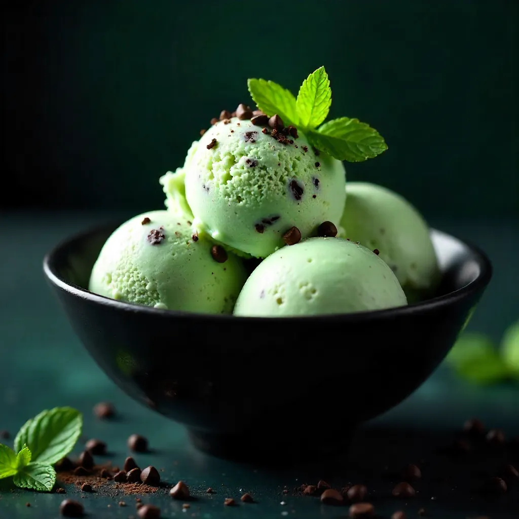 Elegant Mint Chip Close-Up in a Black Bowl