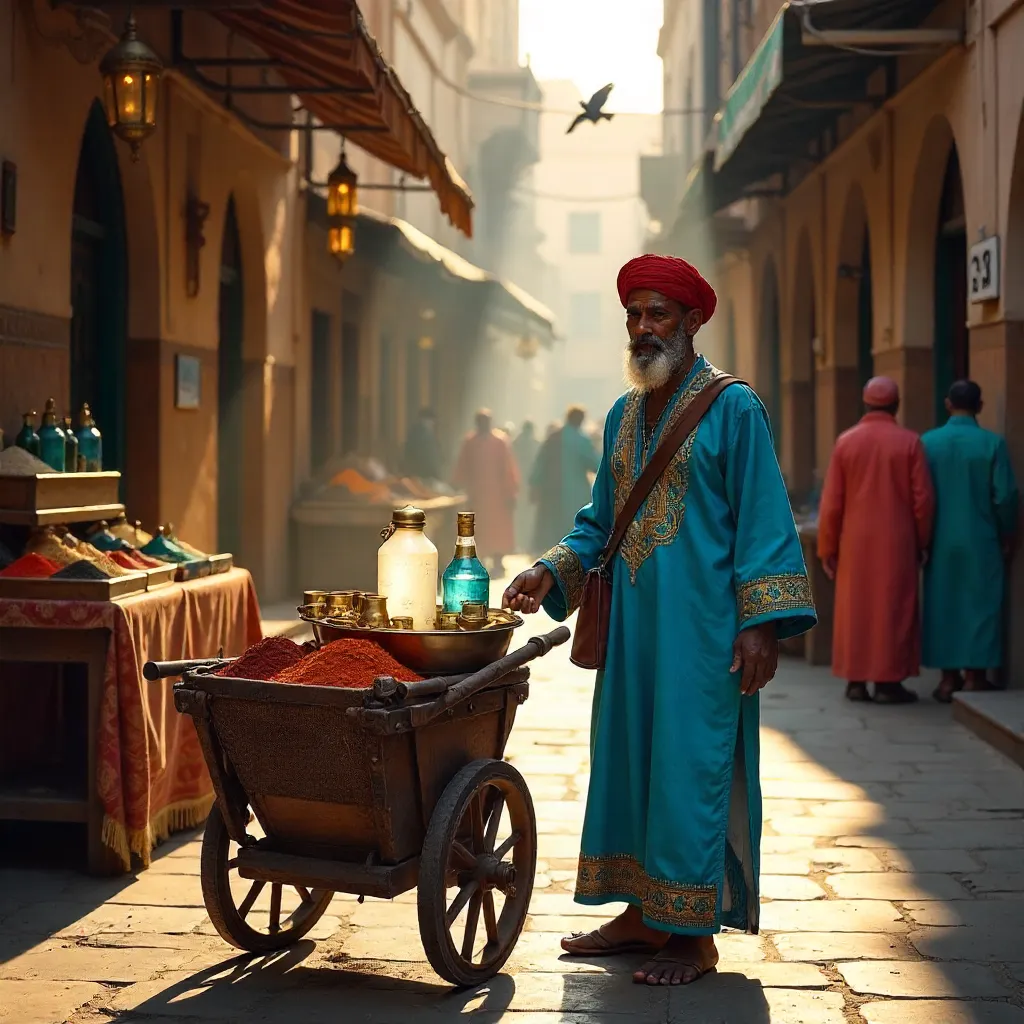 Vibrant Water Seller in a Moroccan Souk