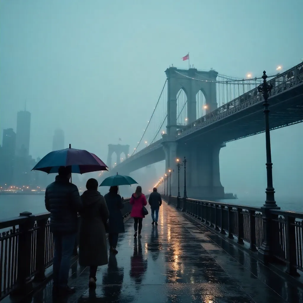 Umbrellas on a Foggy Brooklyn Bridge View
