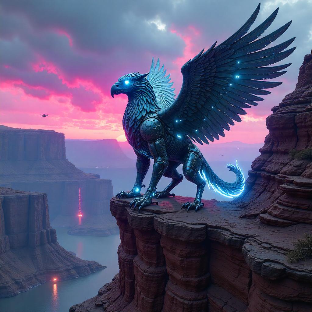 Cyberpunk Griffin in a Neon Canyon