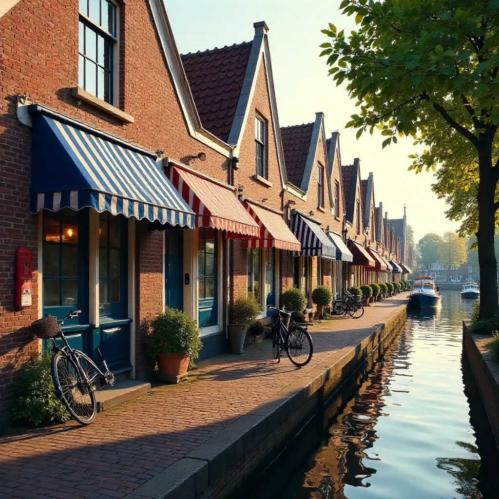 Quaint Volendam: Brick houses, striped awnings, bicycles
