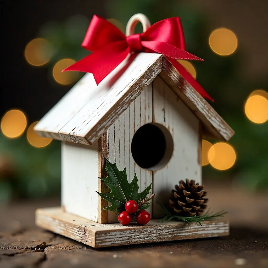 Close-Up: Wooden Birdhouse Ornaments with Red Ribbons