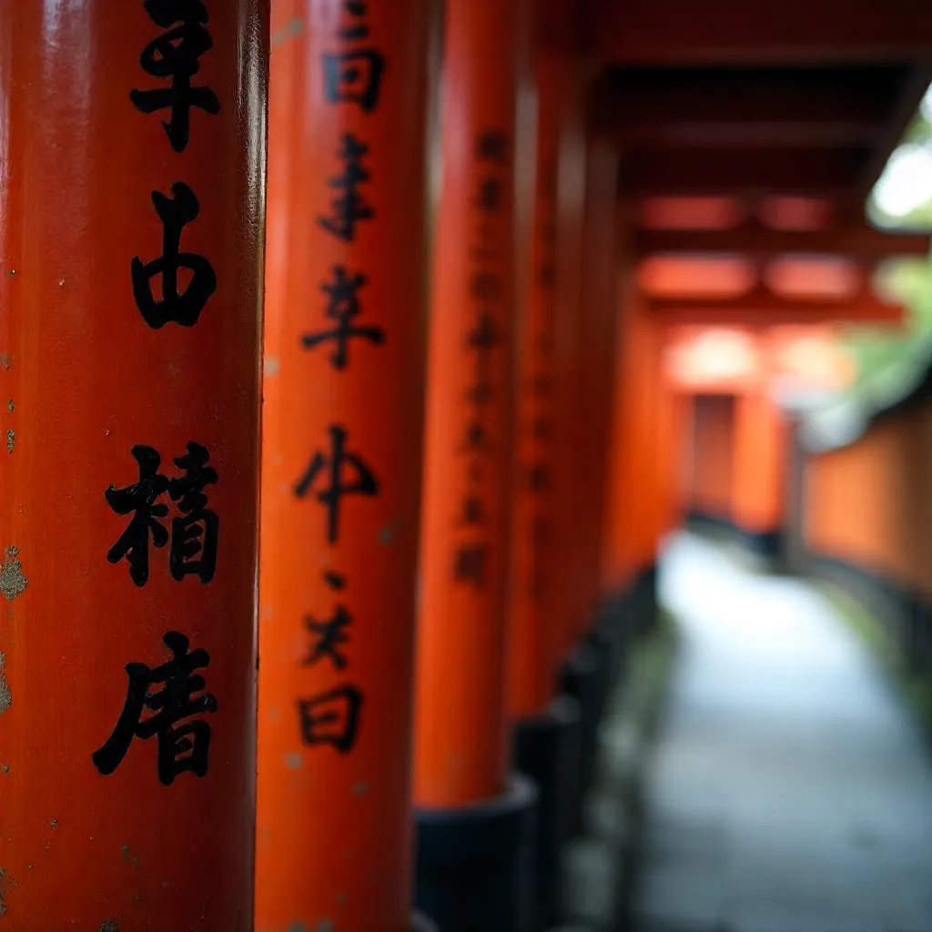 Close-Up of a Red Torii Gate in Kyoto with Calligraphy
