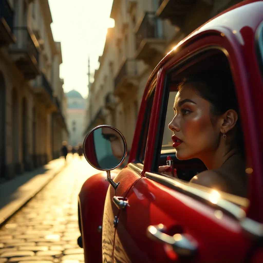 Red Lipstick Reflected in Istanbul's Vintage Car Mirror