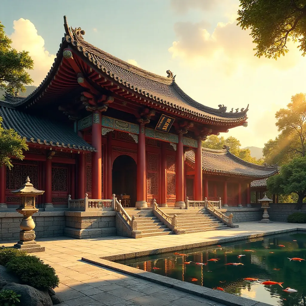 Sunlit East Asian Temple: Heritage in Light