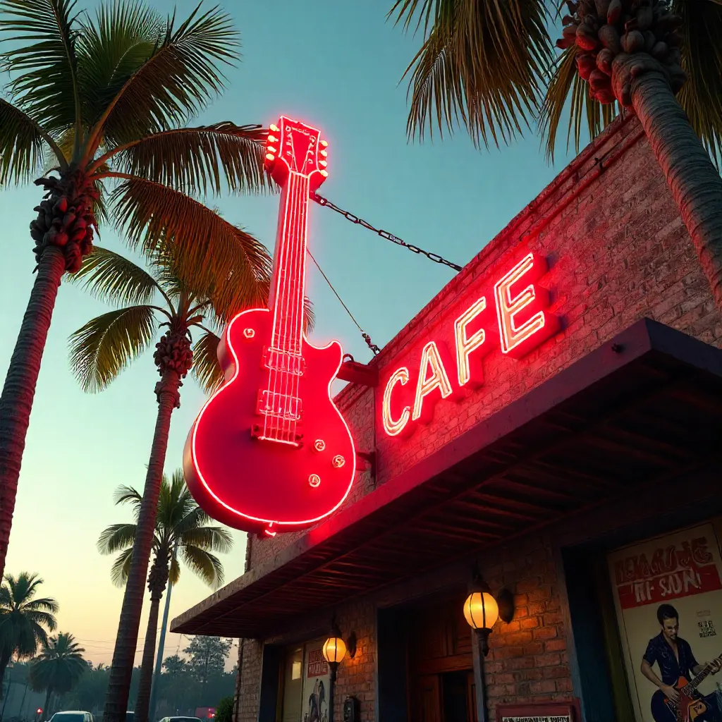 Bright Red Guitar Sign Over Rock Cafe