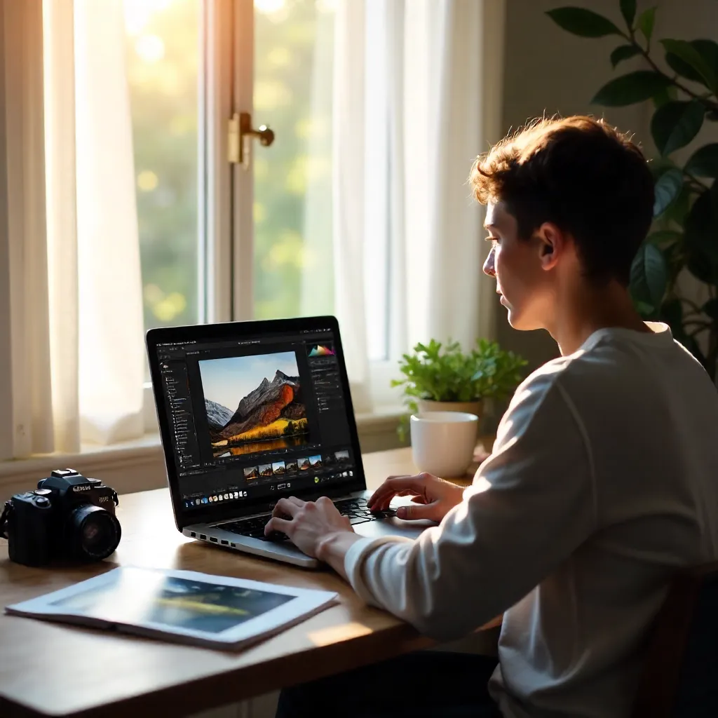 Natural Light Photo Editing at Laptop Desk