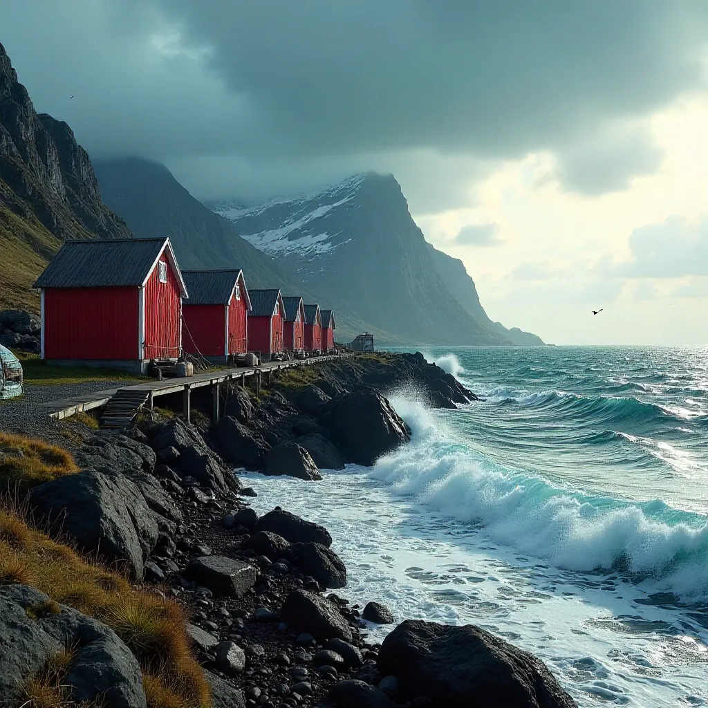 Storm-Soaked Red Huts of Nordland Coast