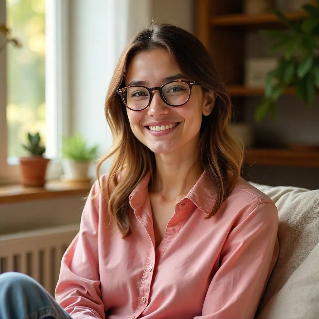 Cozy Indoor Portrait: Relaxed Woman in Pink
