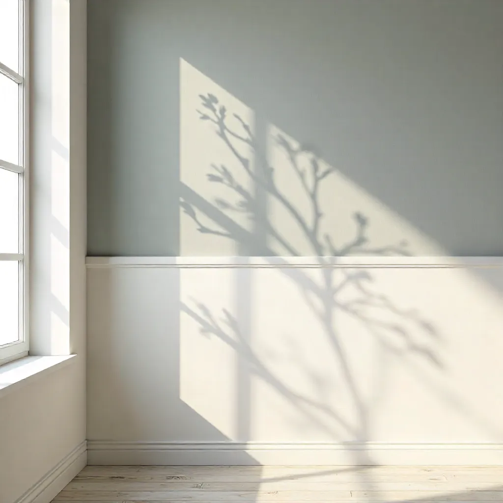 Subtle Tree Shadows on a Minimalist Two-Tone Wall