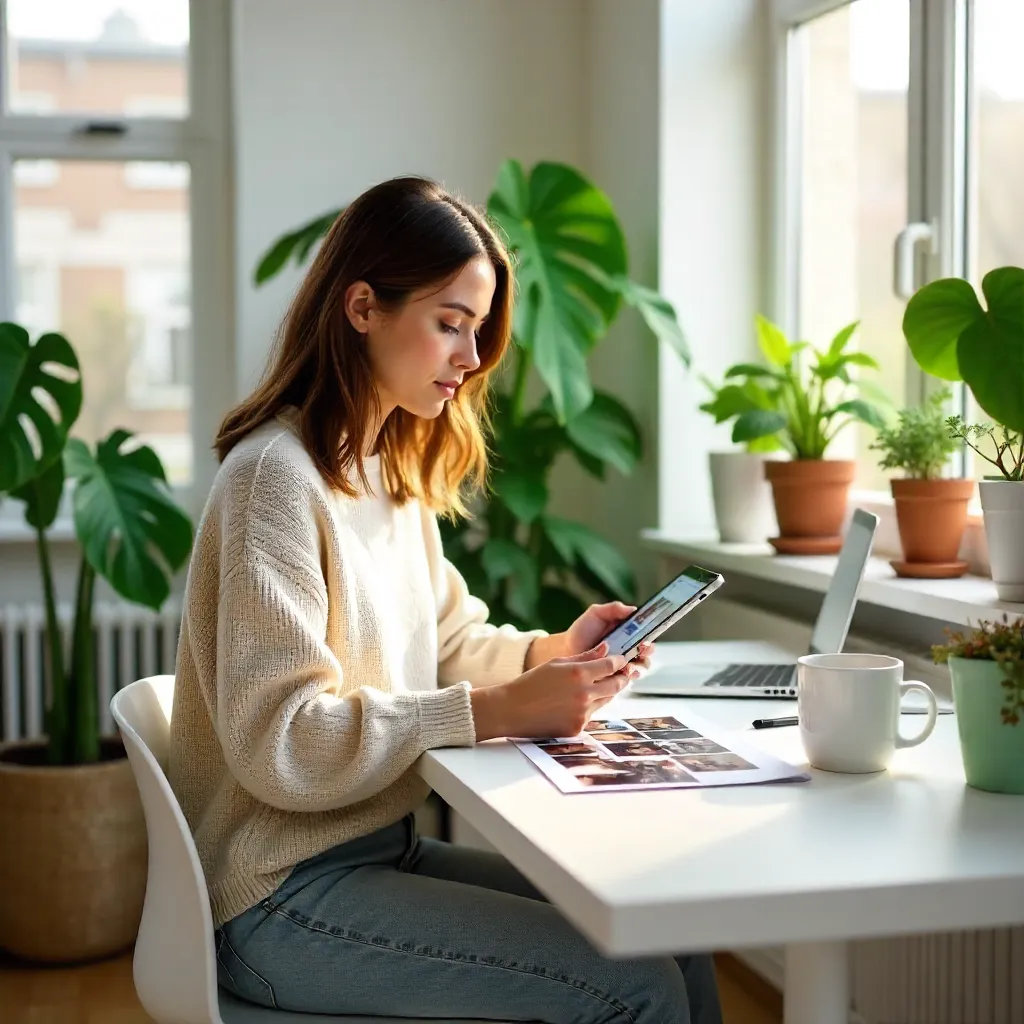 Young Woman Reviewing Photos in a Plant-Filled Modern Workspace