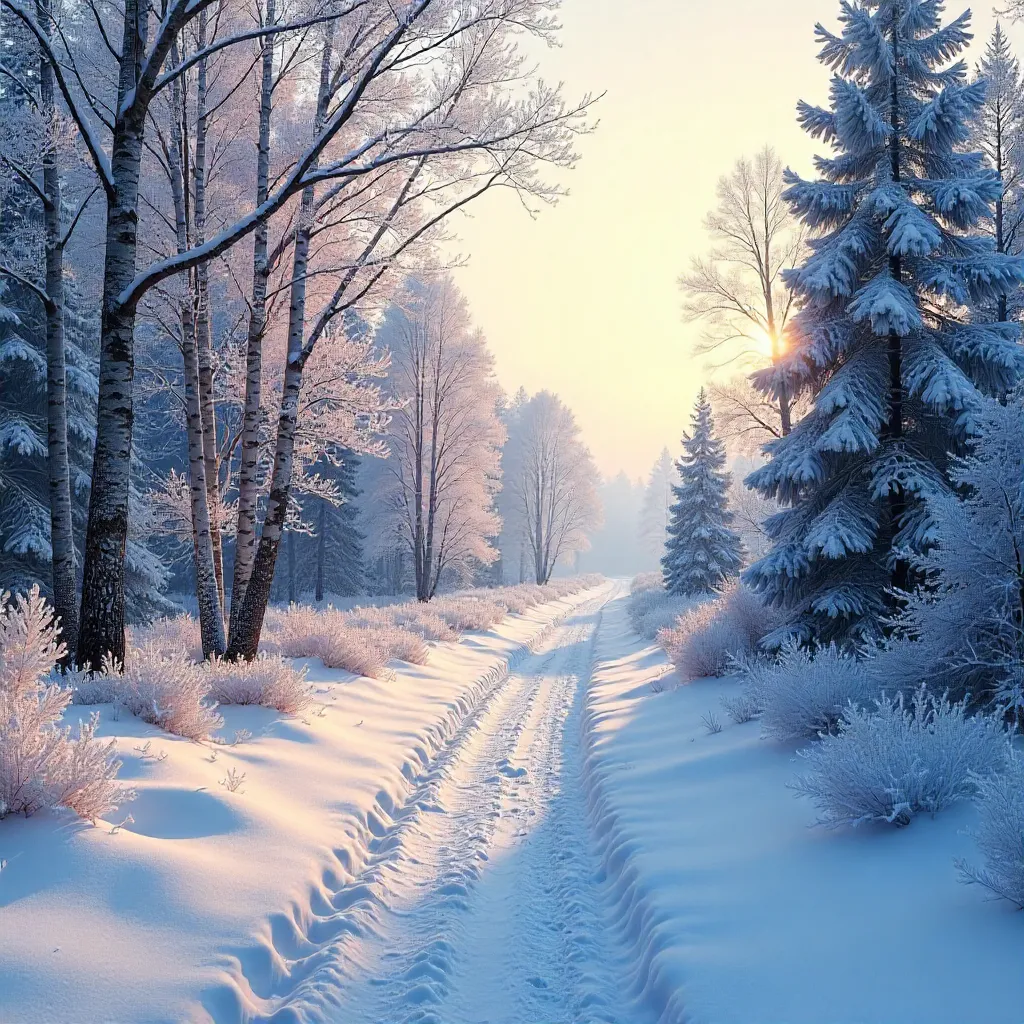 Serene Snowy Forest Path at Dawn