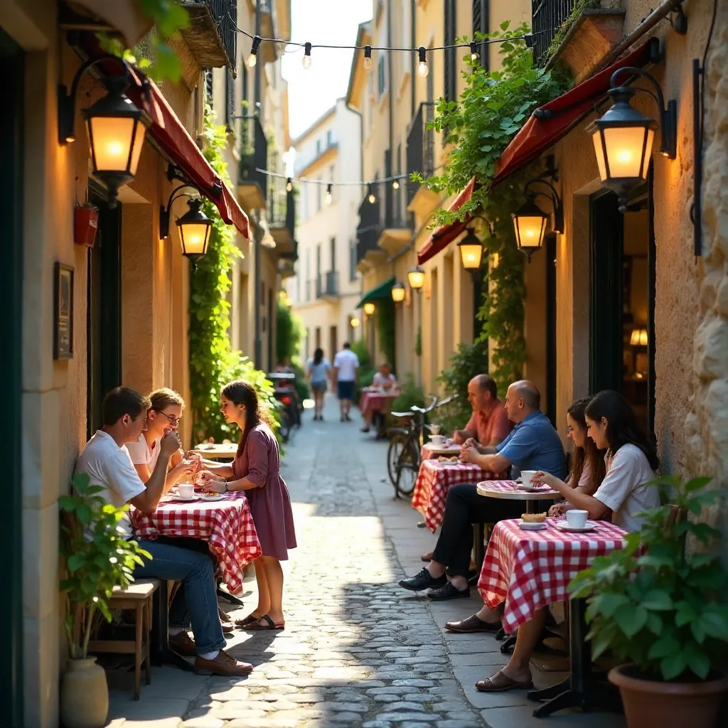 Sunlit Historic Alley Café with Patrons