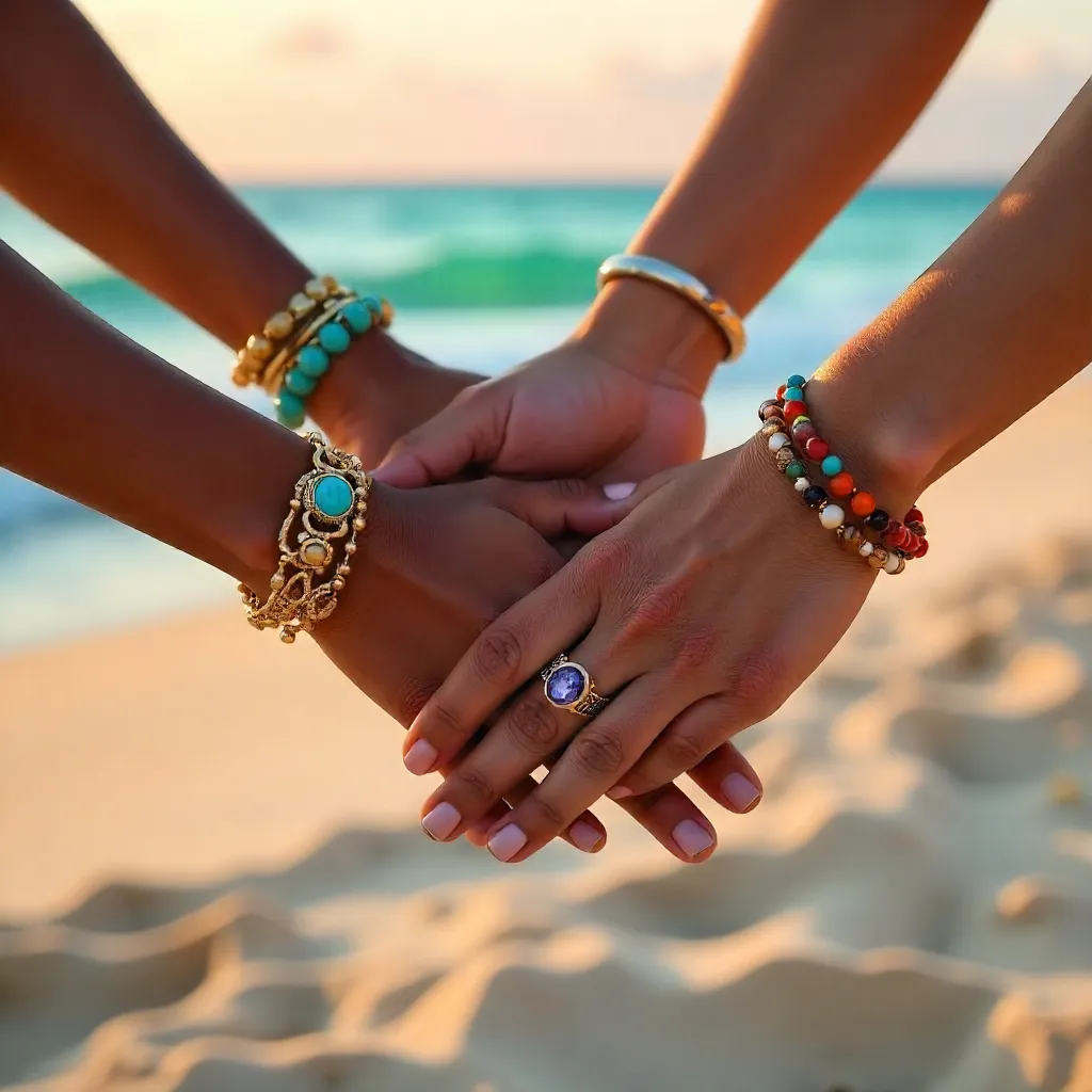 Unity on the Beach: Three Hands with Colorful Jewelry