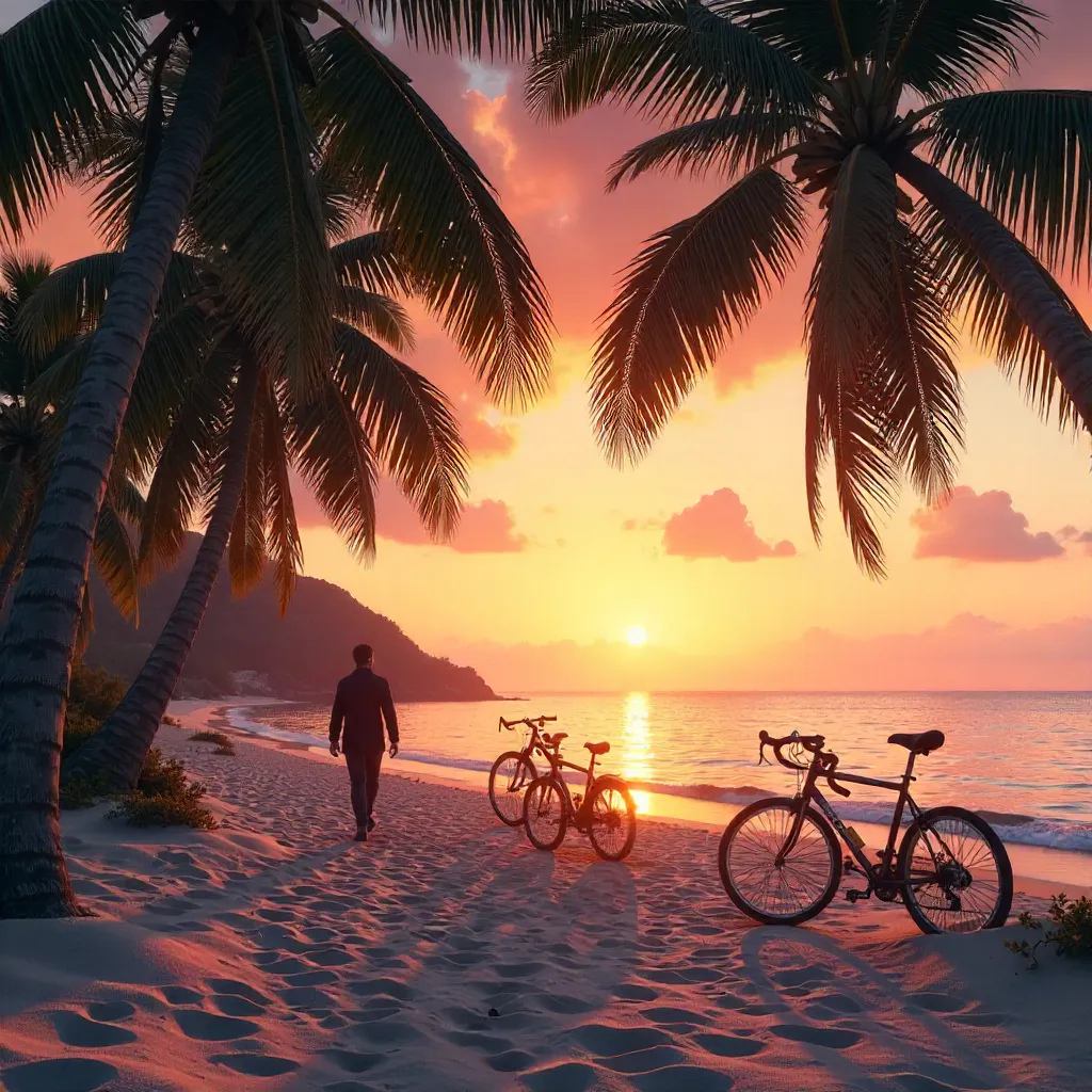 Sunset Beach Walk Between Palm Trees and Bicycles