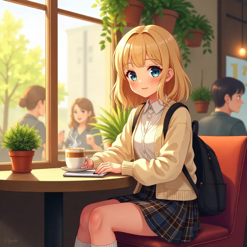Anime-Style Fair-Skinned Girl in a Cozy Coffee Shop