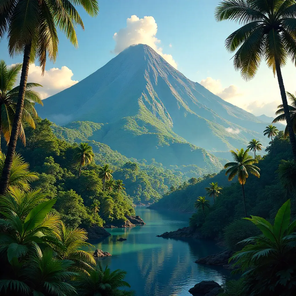 Majestic Volcano Above Lush Jungle and Sky