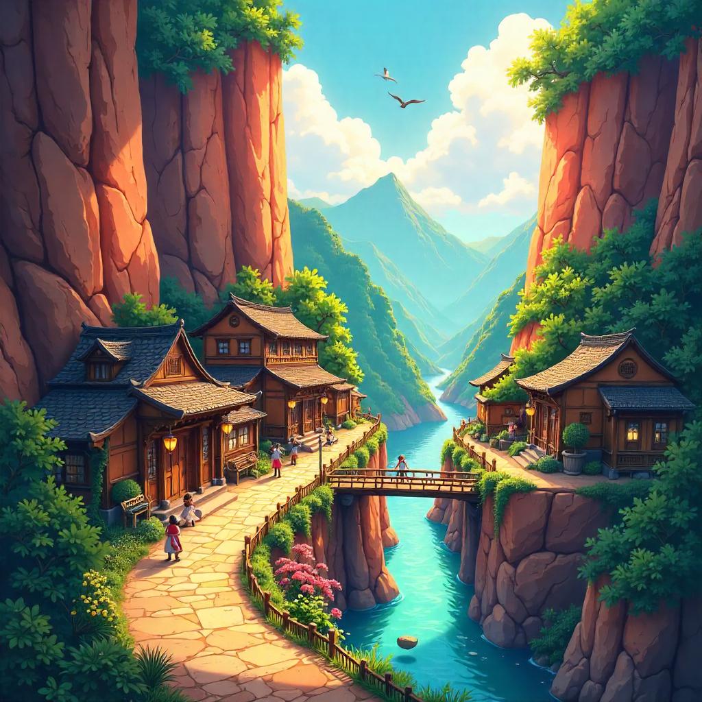 Canyon Village at Golden Hour in Anime Style