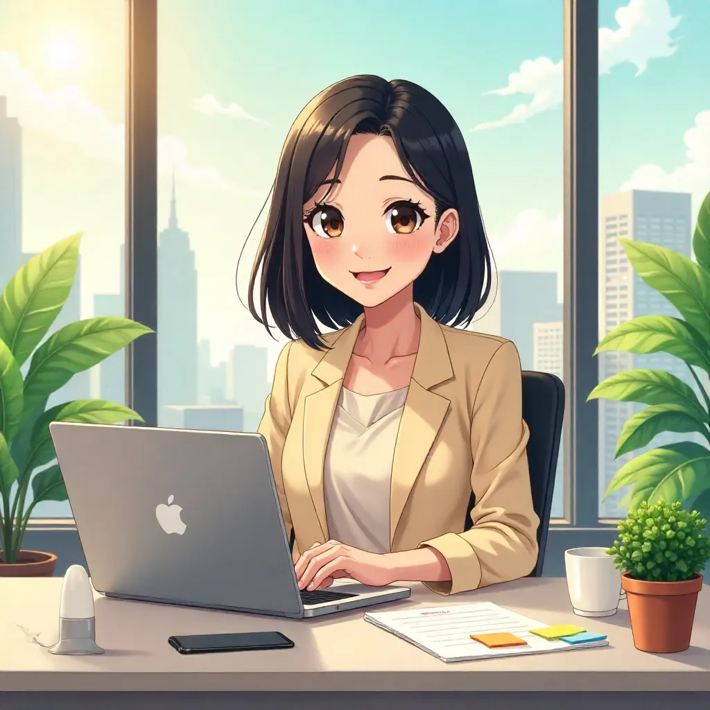 Cheerful Anime Office Scene: Asian Girl at Desk