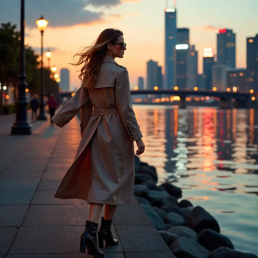 Stylish Riverbank Stroll with Neon Cityscape