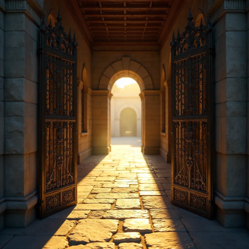 Sunlit Passage Through Ornate Gate and Intricate Shadows