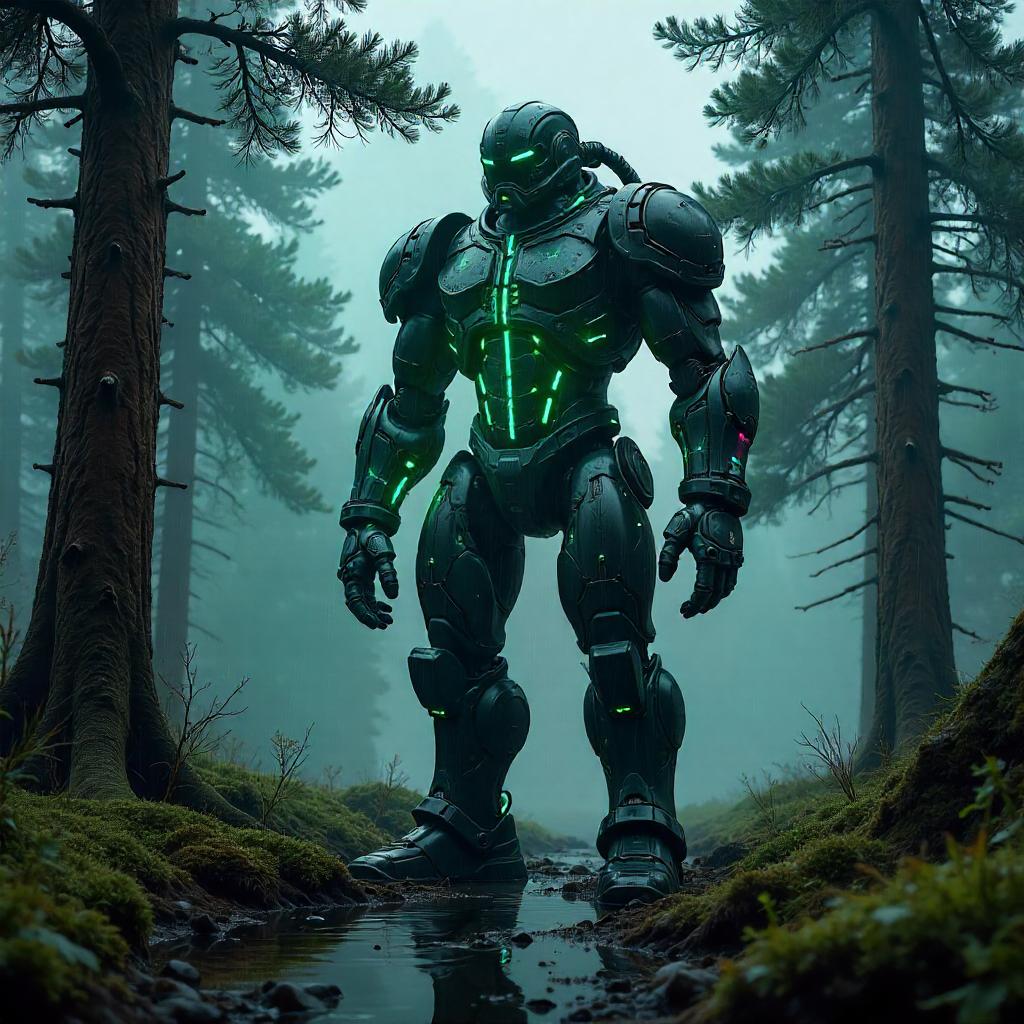 Neon Golem in a Pine Forest: Cyberpunk Night