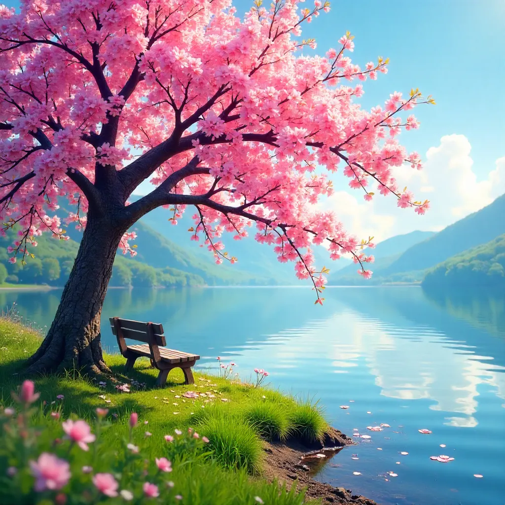 Cherry Blossom Serenity by a Spring Lakeside