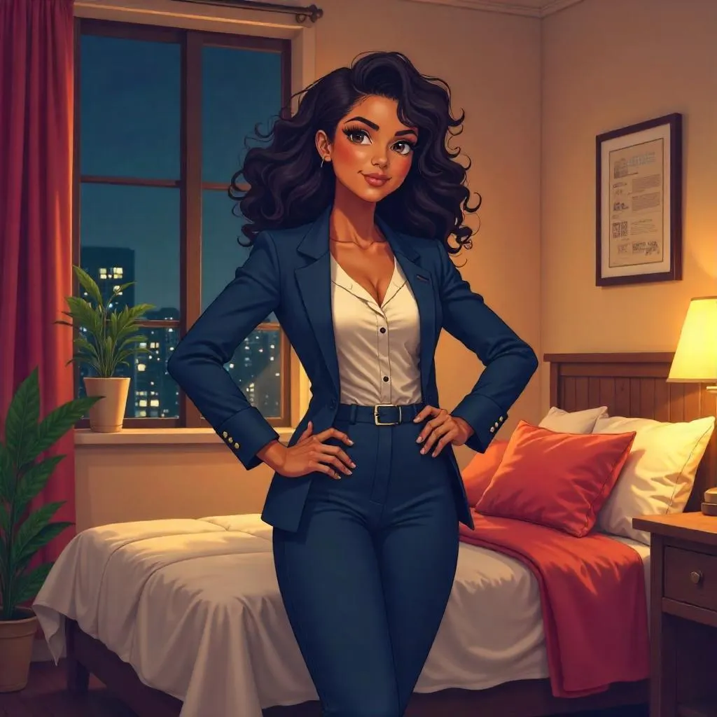 Confident Latina in Anime Style in a Cozy Bedroom