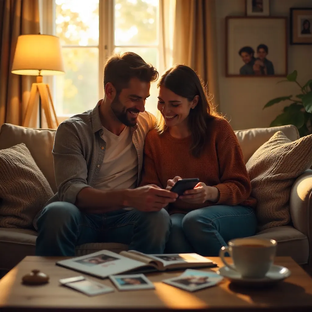 Warm Memories: Couple Sharing Photos Indoors