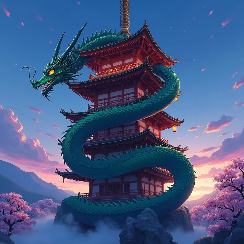Dragon on the Pagoda: An Anime Serpent at Dusk
