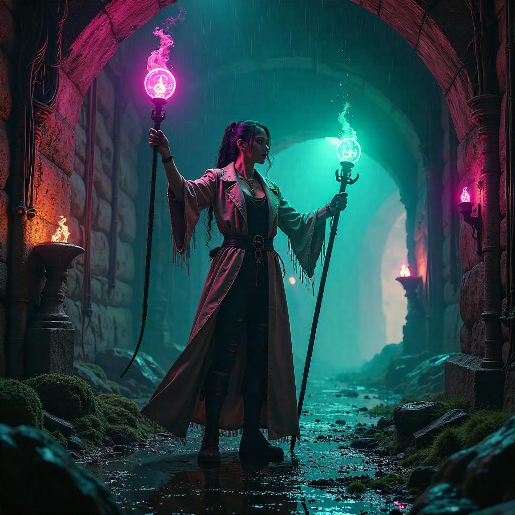 Cyberpunk Sorceress in a Neon Crypt