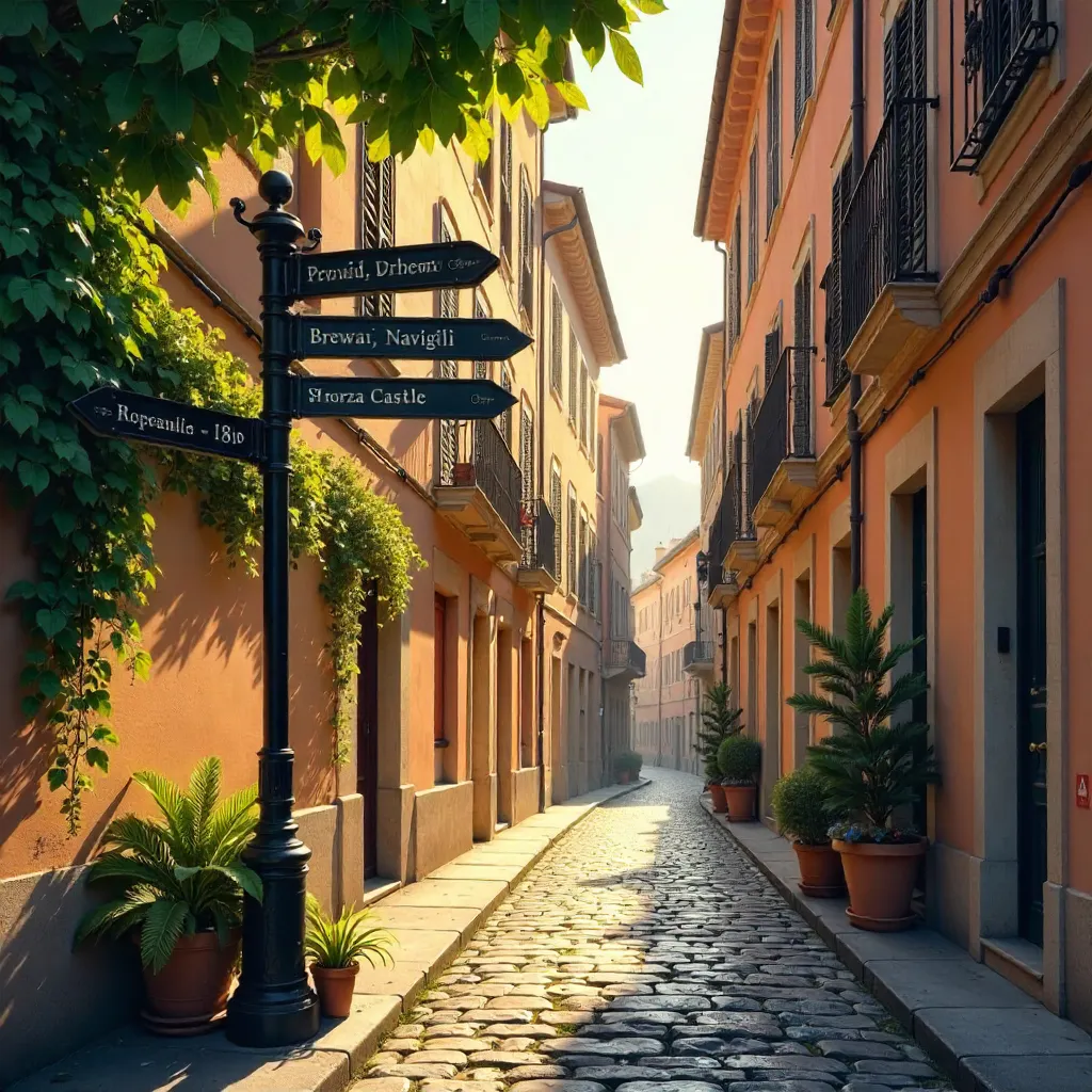 Serene Milan Street with Lush Signpost