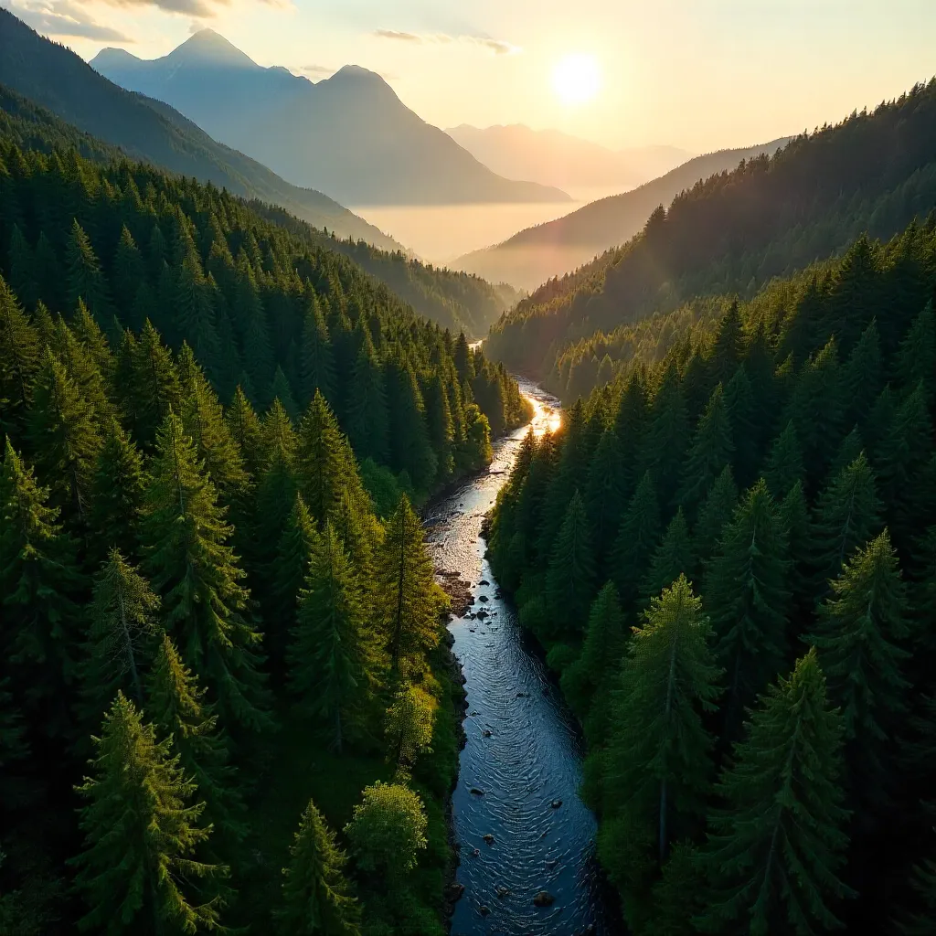 Golden hour aerial over Semmering forest, Austria