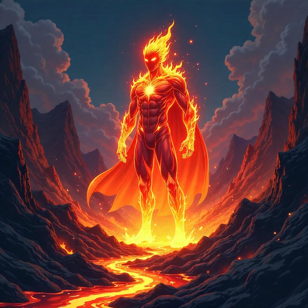 Anime Fire Elemental in a Volcanic Crater