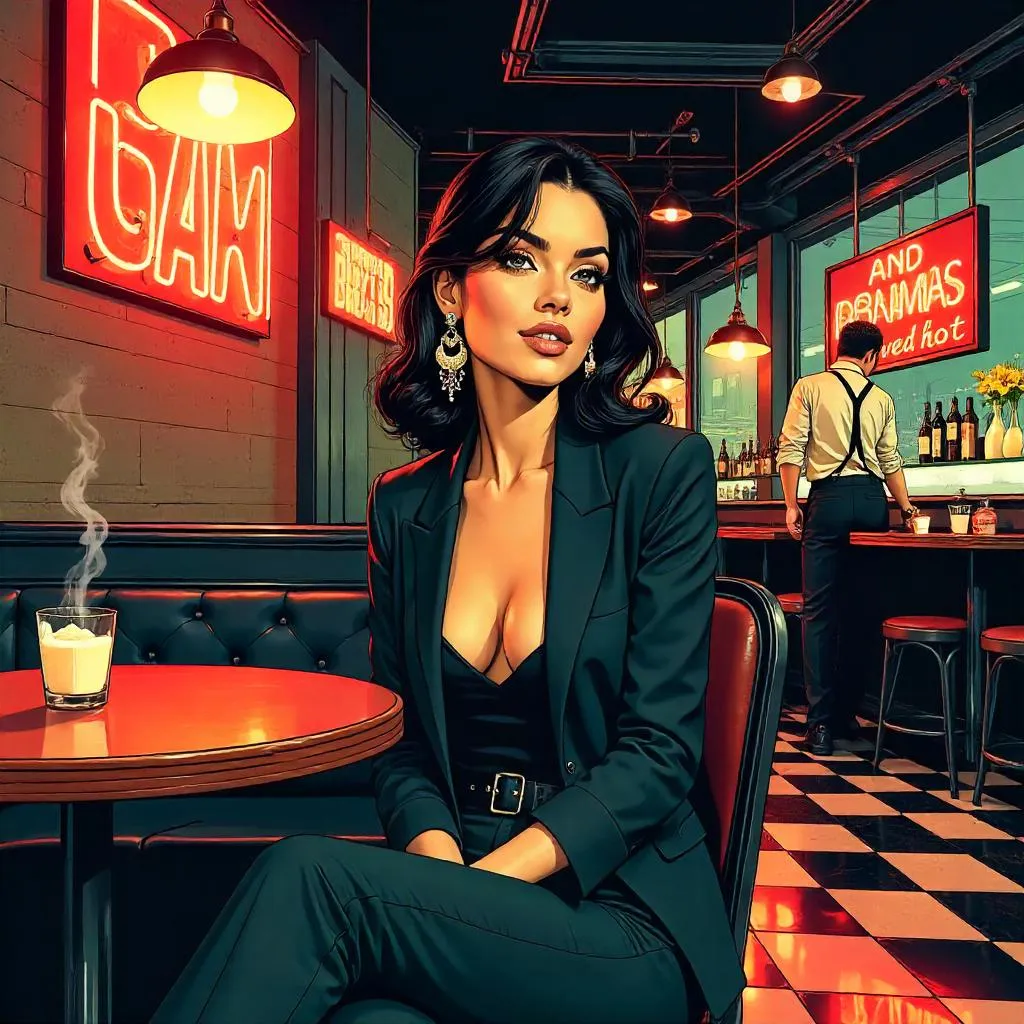 Neon Comic Café: Stylish Woman in a Restaurant