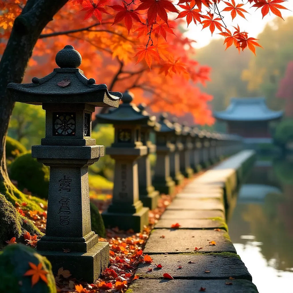Autumn Row of Japanese Stone Lanterns