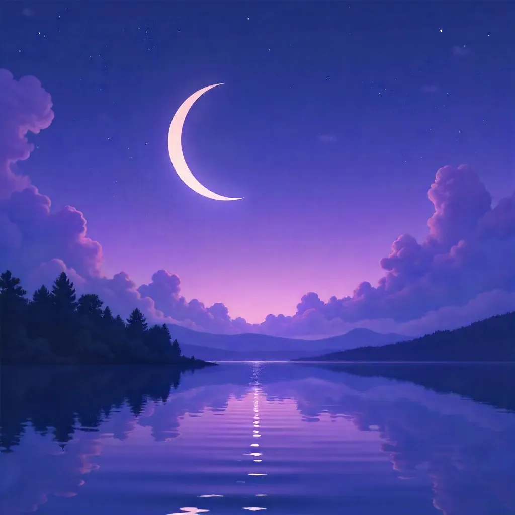 Serene Purple Twilight with a Thin Crescent Moon