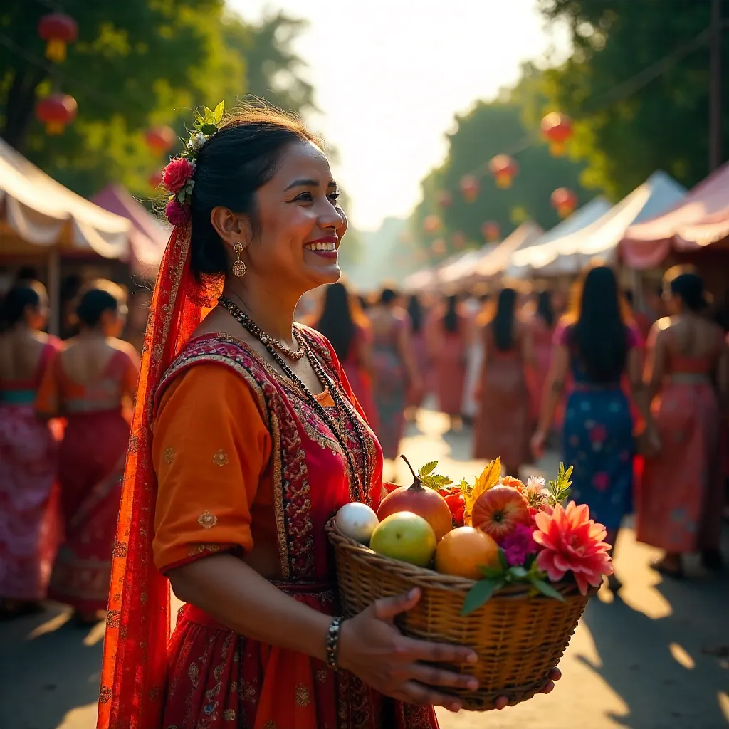 Woman in Festive Attire at Outdoor Cultural Celebration