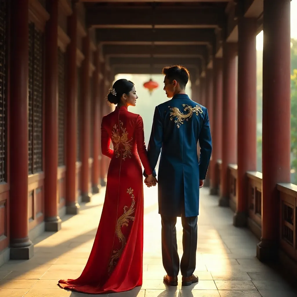 Couple in Red Ao Dai in Hanoi's Historic Corridor